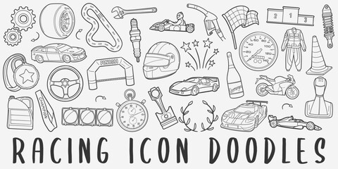 Racing Vehicles Doodle Icons Black and White Line Art. Speed Clipart Hand Drawn Symbol Design.