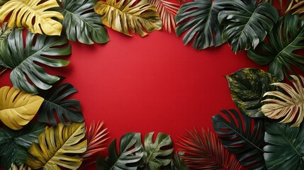 Tropical leaves frame on red background