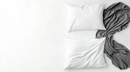   Photo of black and white bed with two pillows on one side, a blanket and a pillow on another