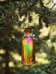 Ethereal color-blending herbal elixir, liquid rainbow fusion, suspended botanical elements, magical light particles, ethereal glow