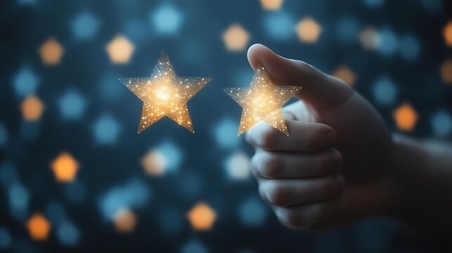 Hand holding two glowing stars against a bokeh background.