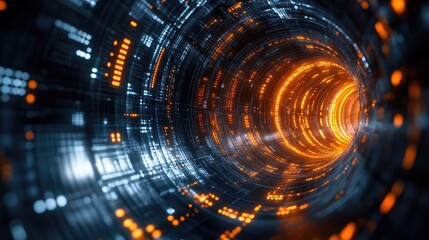 Obraz premium Abstract digital tunnel, glowing orange light, futuristic background, data stream, possible use tech, sci-fi concept