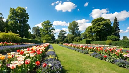 Obraz premium Vibrant spring garden blooms under a clear blue sky in a serene landscape