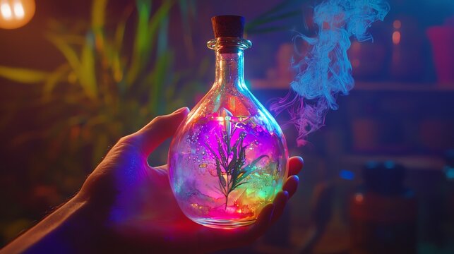 Ethereal color-blending herbal elixir, iridescent liquid swirls, floating botanical elements, prismatic light reflections, bioluminescent glow, mystical potion