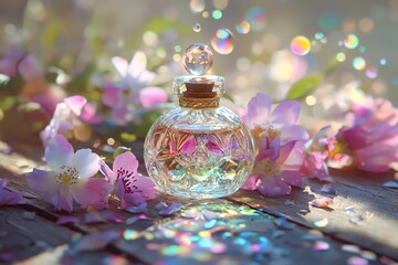 Ethereal color-blending herbal elixir, rainbow prism effects, delicate flower petals, ethereal mist, magical bubbles