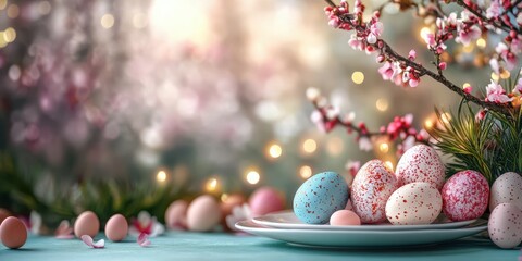 Colorful Easter eggs arranged on a plate with cherry blossoms and soft lighting in a festive spring setting