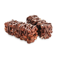 Delicious chocolate puffed rice bars isolated on white