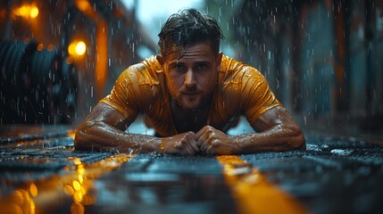 A man in a gold suit lies on the ground amidst heavy rain with a determined expression