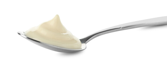 Tasty mayonnaise sauce in spoon isolated on white
