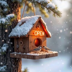 A birdhouse "OPEN" sign glows contrasting with the snowy winter backdrop as winter chickadees are eating seeds