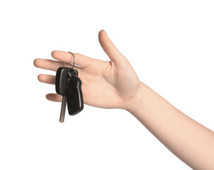 Woman with car keys on white background, closeup