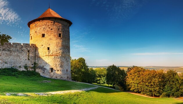 weathered stone tower of ostroh castle stands amid green lawn and colorful trees the medieval fortress in rivne region ukraine basks in warm sunlight on a clear summer day