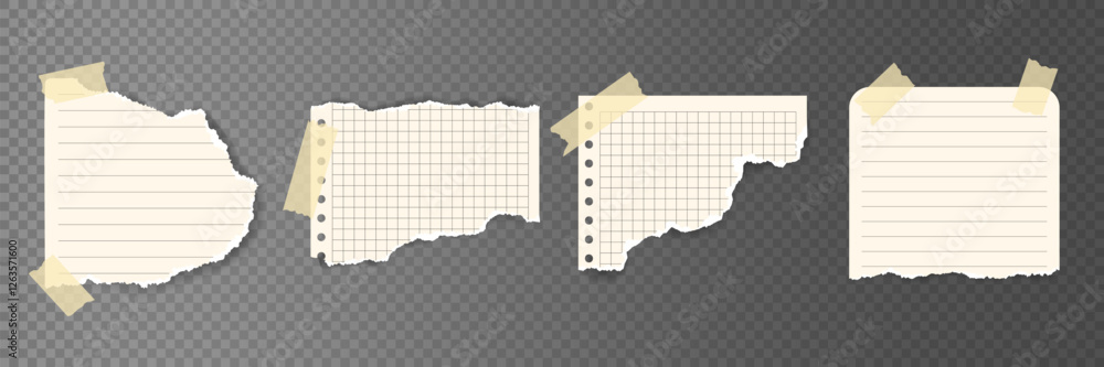 Poster torn notebook paper elements with sticky tape. realistic paper pieces fixed with adhesive tape. temp