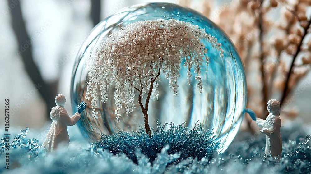 Aufkleber a pair of figurines stand in front of a snow globe with a tree at its center
