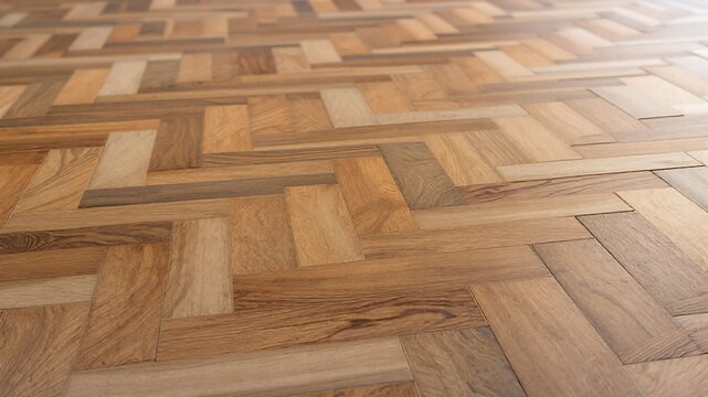 Close-up of a herringbone wooden parquet floor with warm tones and natural wood grain. Perfect for interior design, flooring, or texture backgrounds.