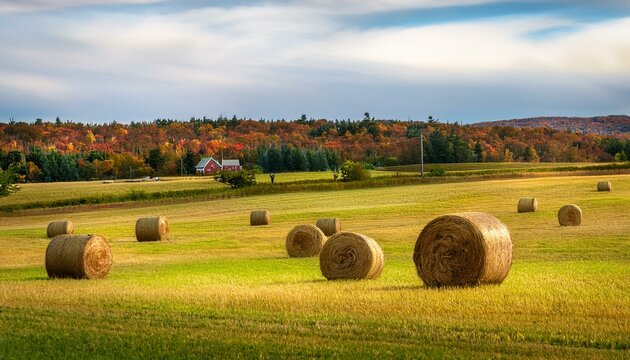 hay bales in farm fields in rural prince edward island canada