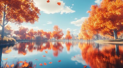 Colorful autumn leaves mirrored in a crystal clear blue lake setting