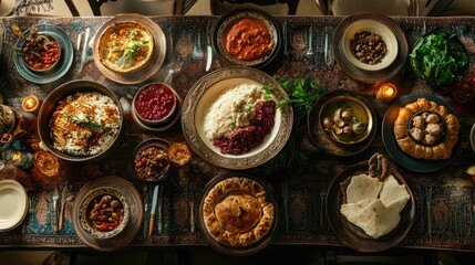 A lavish medieval-style feast with various dishes, breads and side dishes served on a rustic table.