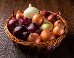 onions of different colors in a wicker basket on a wooden table a mix of onions of different colors