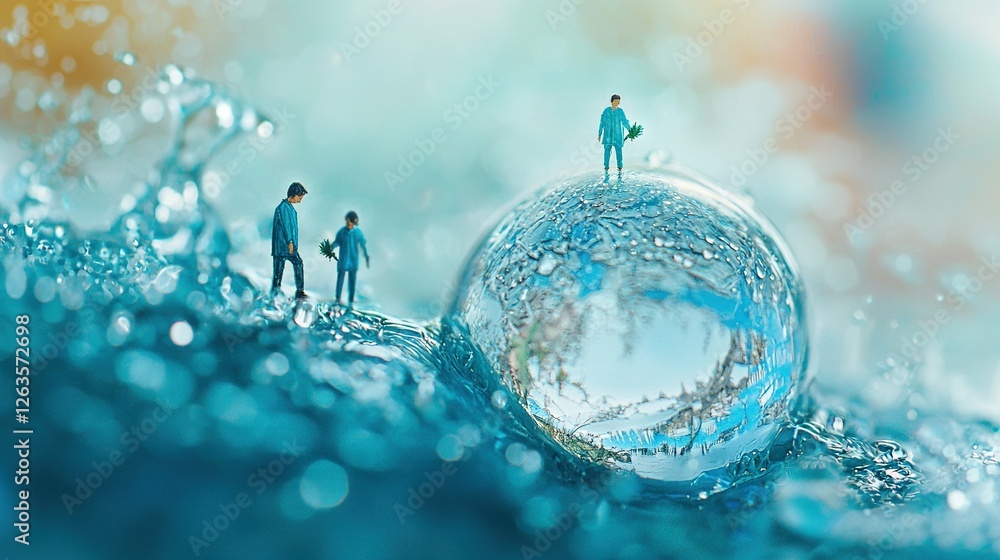 Poster a cluster of tiny figures perched atop a crystal sphere amidst a azure and verdant backdrop