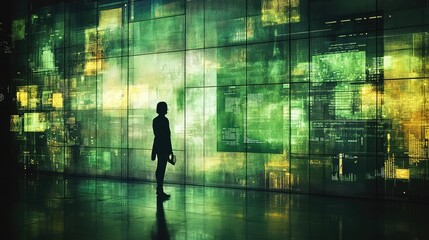 Businessperson viewing digital wall, modern, futuristic, informational