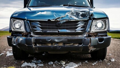 Vehicle accident on a rural road causes extensive front-end damage to a pickup truck