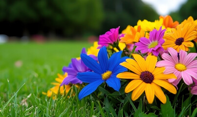 Obraz premium Vibrant Flower Bed in the Park with Colorful Blossoms in Various Shades Displaying Nature’s Beauty and Serenity in a Green Landscape