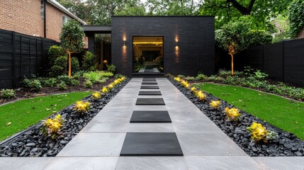 Obraz premium Modern garden path leads to black house