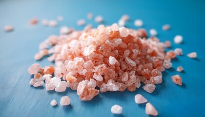 himalayan salt pink himalayan salt crystals close up pink coarse salt crystals macro shot over pastel blue background
