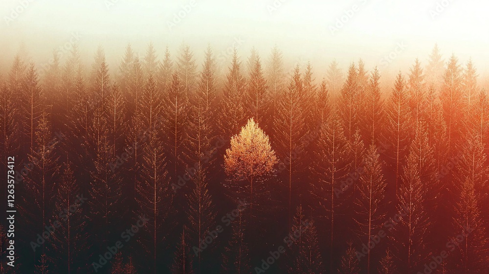 Poster a foggy forest with a lone tree in the foreground and a yellow tree in the center of the photo
