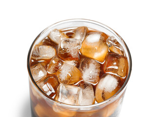 Refreshing coffee with ice cubes in glass isolated on white
