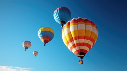 Fototapeta premium Colorful hot air balloons soar in a clear blue sky. Travel adventure, scenic backdrop