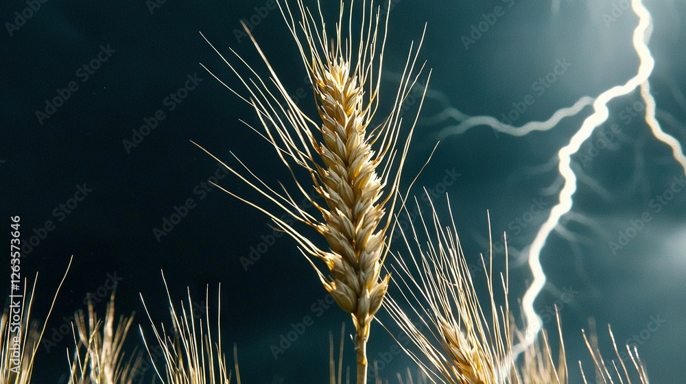 Poster a close-up of a stalk of wheat under a cloudy sky with a lightning bolt in the background
