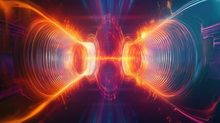 Abstract swirling vibrant energy vortex, fiery orange and blue neon lights in dark space. Futuristic technology concept.