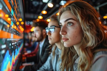 group of businesspeople in a modern office setting, staring intently at a large monitor displaying colorful graph dashboards.