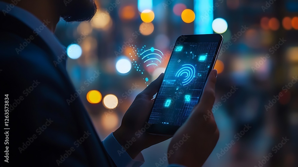 Poster man using smartphone with digital security interface at night.