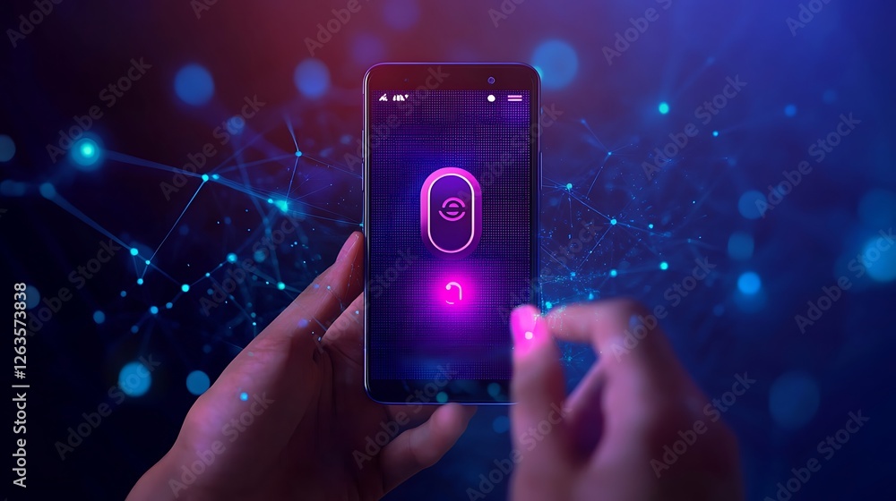 Poster hands using a smartphone with a futuristic digital lock interface against a vibrant network backgrou