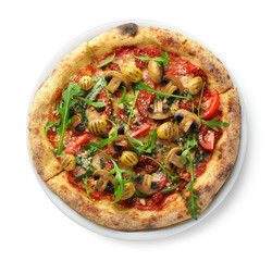 Tasty pizza with mushrooms, olives and arugula isolated on white, top view