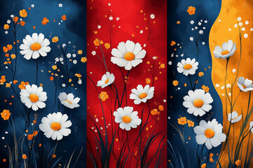 Abstract floral seamless patterns with chamomile. Trendy hand drawn textures. Modern abstract design