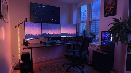 Fototapeta premium Aesthetic Purple and Pink Gaming Setup with Triple Monitor Display
