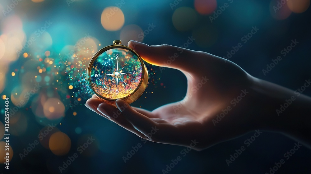Poster a person examining a small object with a magnifying glass, set against a vibrant or muted background