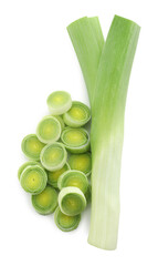 Whole and cut leeks isolated on white, top view