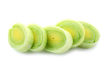 Pieces of chopped leek isolated on white