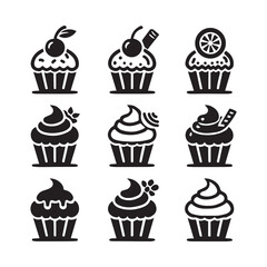Black silhouette cupcake Icon, muffin logo, Vector set of cupcakes isolated on a white background.
