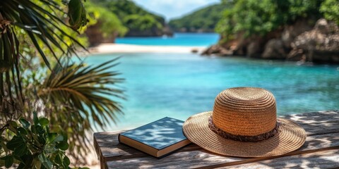 Straw sun hat on the seashore. Beautiful summer headdress. Concept of rest, vacation, resort