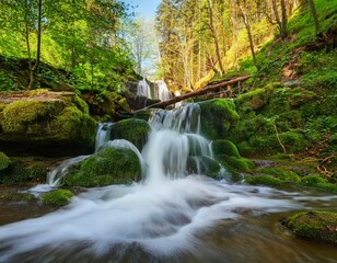 Fototapeta premium a small cascading waterfall in a mountain stream in the forest one of the waterfalls of the cascade of rusiliv waterfalls rusyliv ternopil region ukraine