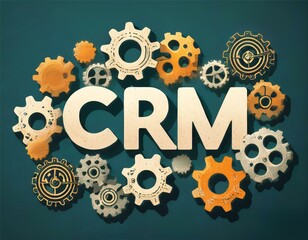 crm and business concept words in grunge flat design gears