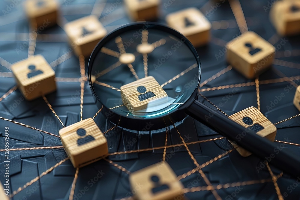 Poster close-up shot of a magnifying glass focusing on a manager icon on a wooden block, surrounded by a ne