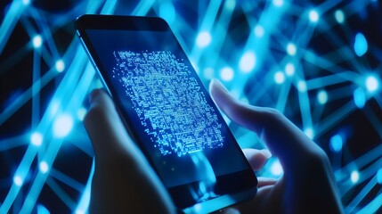 A close-up of a person's hands holding a smartphone displaying a glowing, complex digital interface against a vibrant blue background.