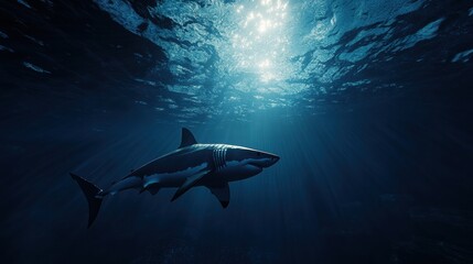 Fototapeta premium Great white shark patrolling a deep blue ocean.